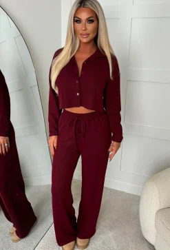 Cosy Icon Burgundy Ribbed Shirt And Trouser Loungewear Set
