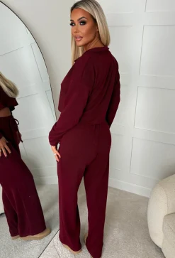 Cosy Icon Burgundy Ribbed Shirt And Trouser Loungewear Set