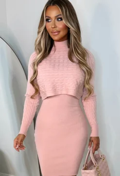 Cosy In Cable Pink Ultra Soft Knitted 2-In-1 Jumper And Midi Dress