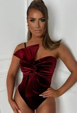 Cute As A Bow Wine Bow Front Velvet Bodysuit