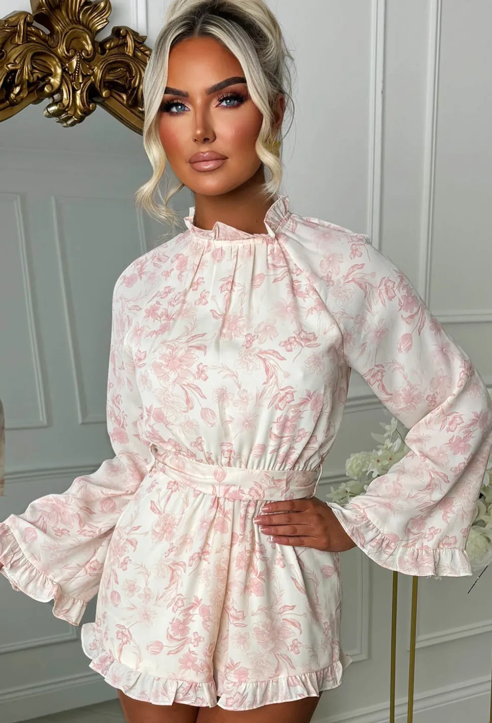 Cutesie Me Pink Frill Neck Backless Printed Playsuit