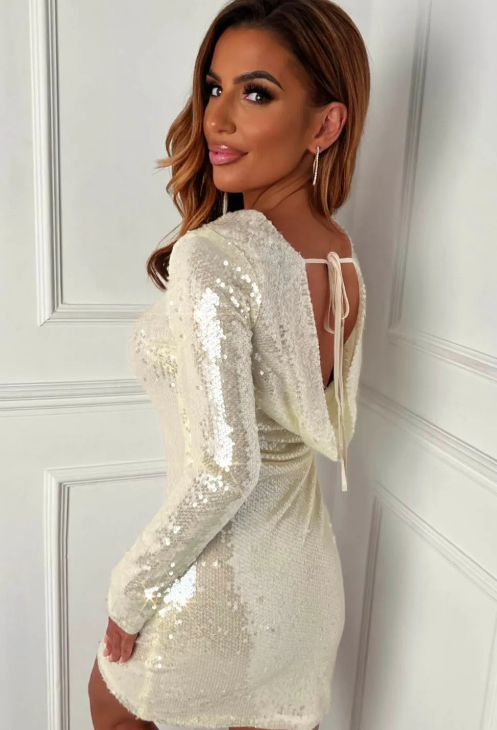 Dazzle Darling Cream Sequin Cowl Back Dress