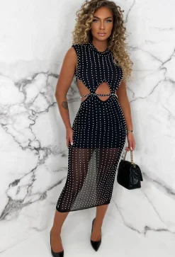 Dazzled By Pearls Black Embellished Sleeveless Mesh Lined Midi Dress