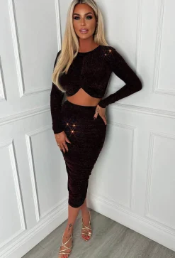 Dazzling Bronze Lurex Stretch Ruched Midi Skirt