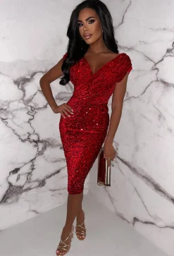 Dazzling Darling Red Sleeveless Sequin Midi Dress
