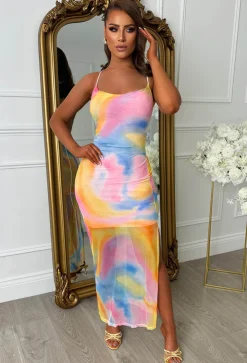 Deep Dive Desire Multi Abtract Print Cowl Neck Cross Back Mesh Dress