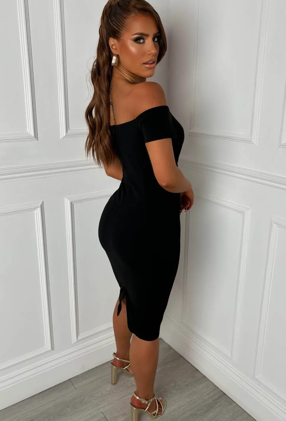 Deluxe Darling Black V-Plunge Bardot Midi Dress