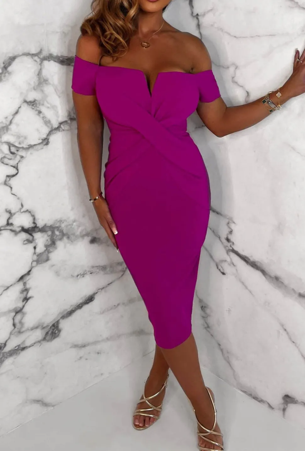 Deluxe Darling Magenta Bardot Cross Over Detail Stretch Midi Dress
