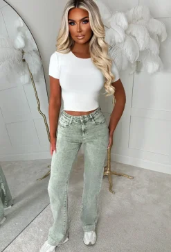 Denim Design Green Stretch Wide Leg Washed Jeans