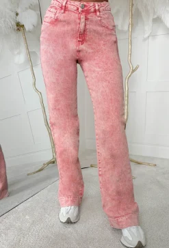 Denim Design Pink Stretch Wide Leg Washed Jeans
