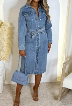 Denim Envy Blue Belted Button Up Long Sleeve Denim Midi Dress