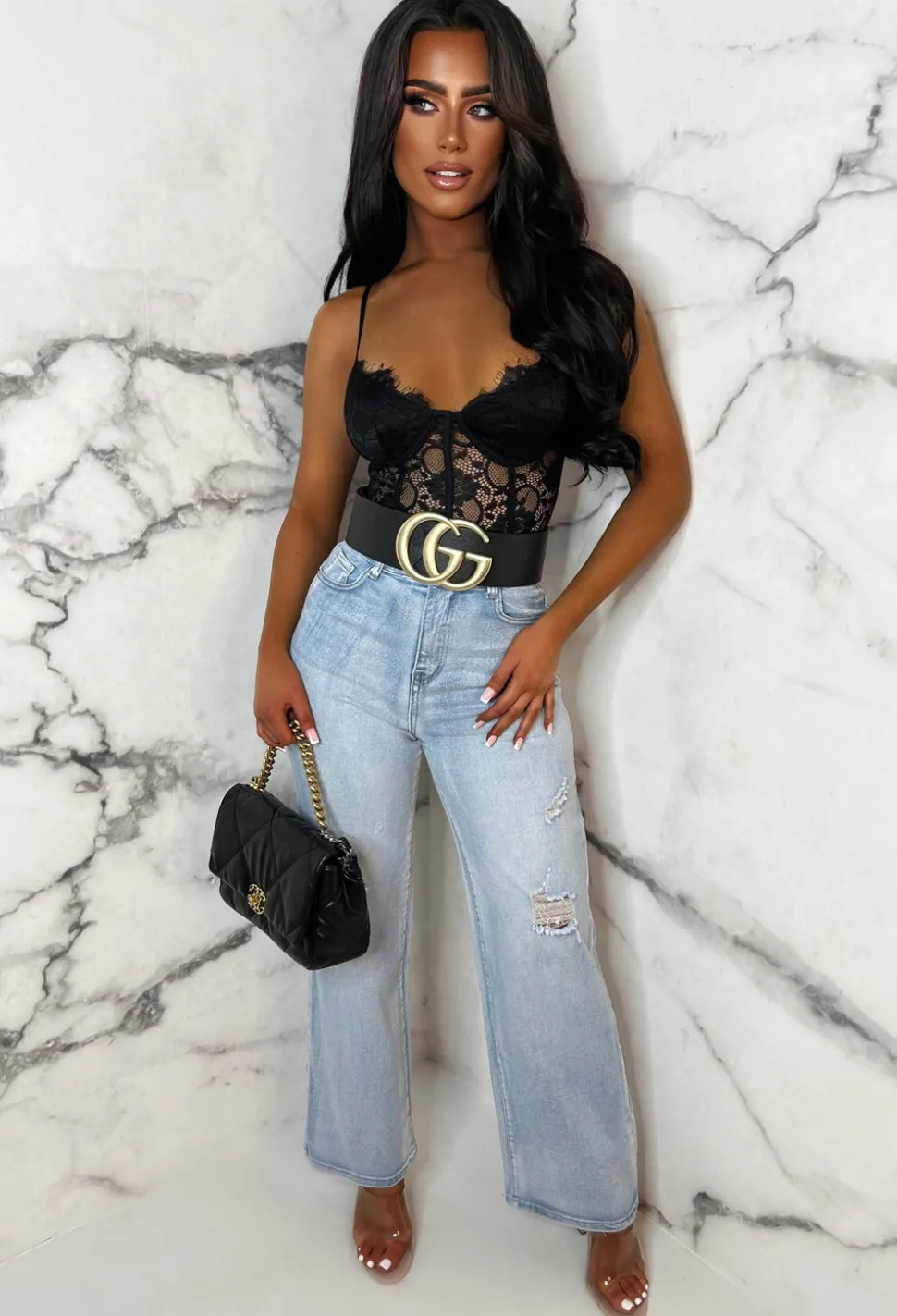 Denim Escape Light Blue Stretch Wide Leg Distressed Jeans