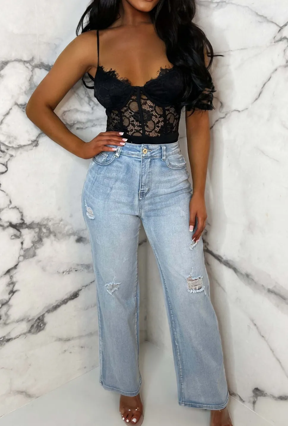 Denim Escape Light Blue Stretch Wide Leg Distressed Jeans