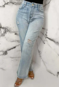Denim Escape Light Blue Stretch Wide Leg Distressed Jeans