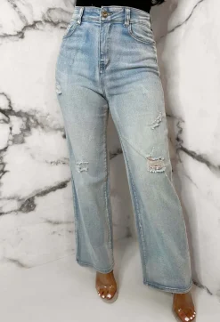Denim Escape Light Blue Stretch Wide Leg Distressed Jeans