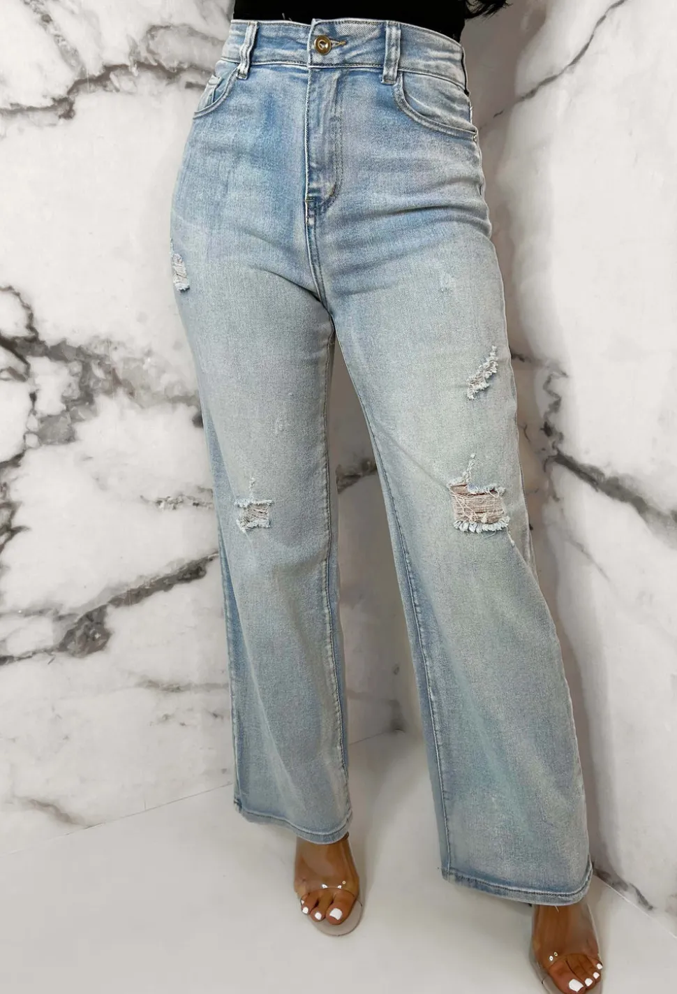 Denim Escape Light Blue Stretch Wide Leg Distressed Jeans