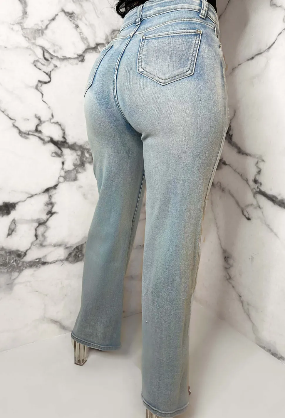 Denim Escape Light Blue Stretch Wide Leg Distressed Jeans
