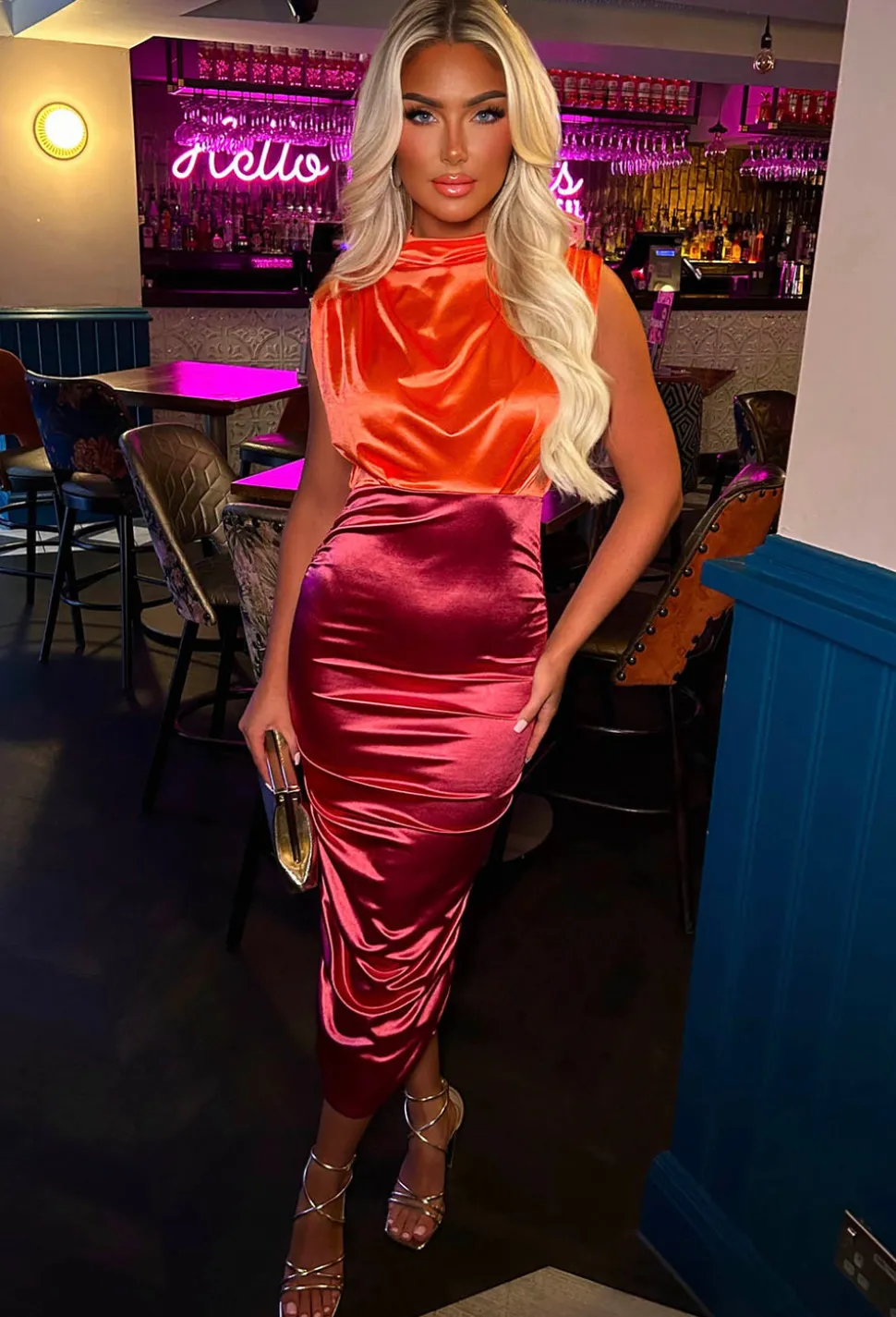 Desirable Luxe Hot Pink Colour Contrast Stretch Satin Ruched High Neck Midi Dress