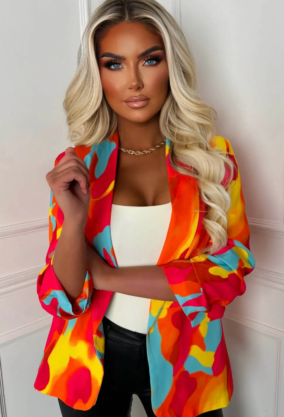 Divine & Juicy Multi Shawl Neck Ruched Sleeve Water Print Blazer