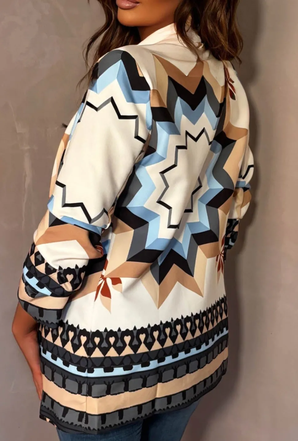 Divine Illusion Grey Shawl Neck Ruched Sleeve Print Blazer