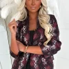 Divine Memory Wine Shawl Neck Ruched Sleeve Printed Blazer
