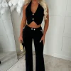 Drama Darling Black Flared Gold Button Flared Trousers