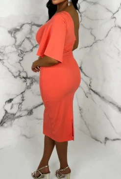 Dream Of Romance Coral One Shoulder Ruched Detail Midi Dress