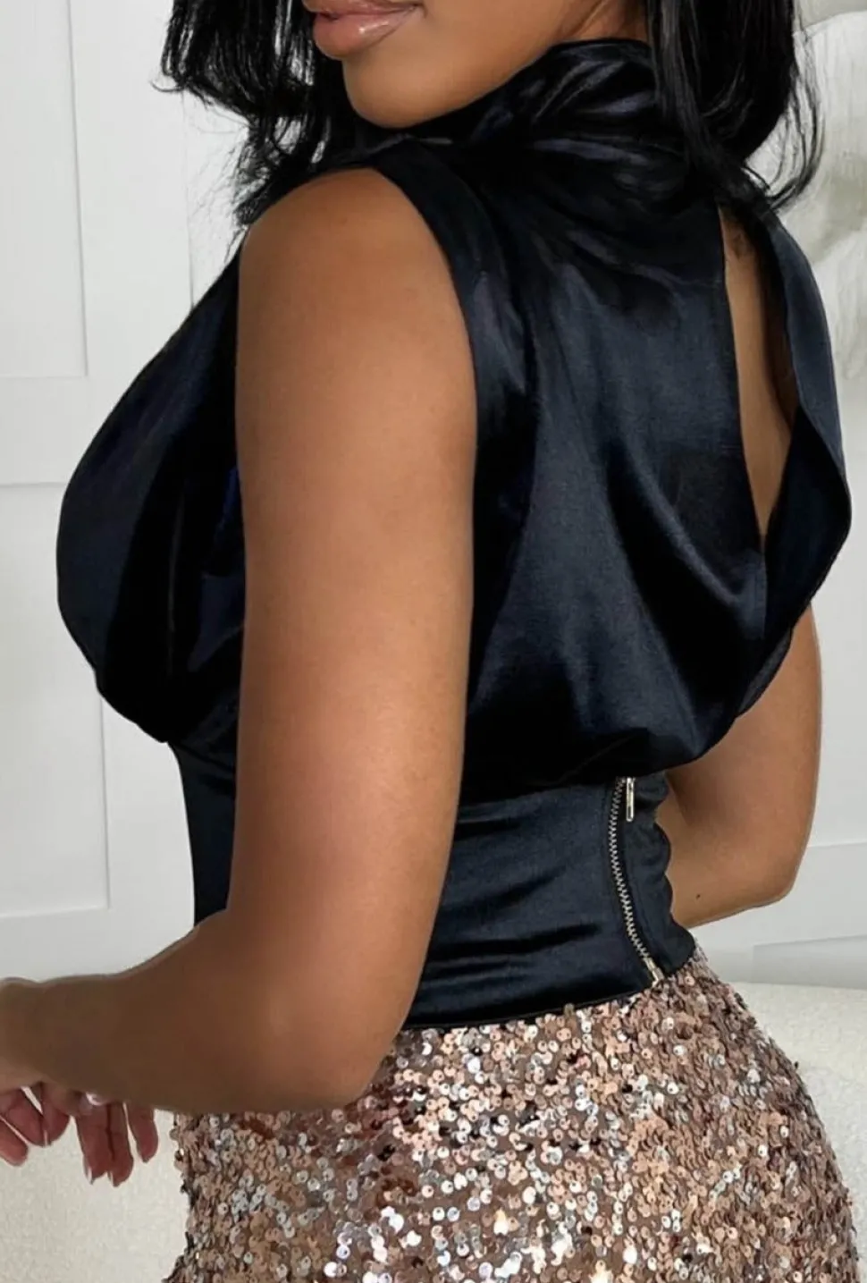 Dreamy Deluxe Black Stretch Satin Ruched High Neck Top