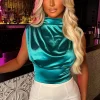 Dreamy Deluxe Teal Stretch Satin Ruched High Neck Top