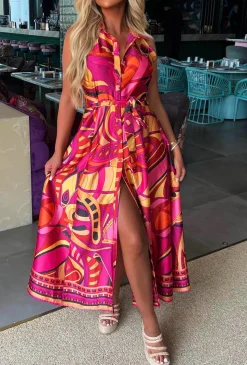 Dubai Luxury Pink Satin Printed Maxi Dress
