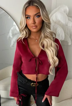 Ebony Burgundy Satin Tie Knot Top