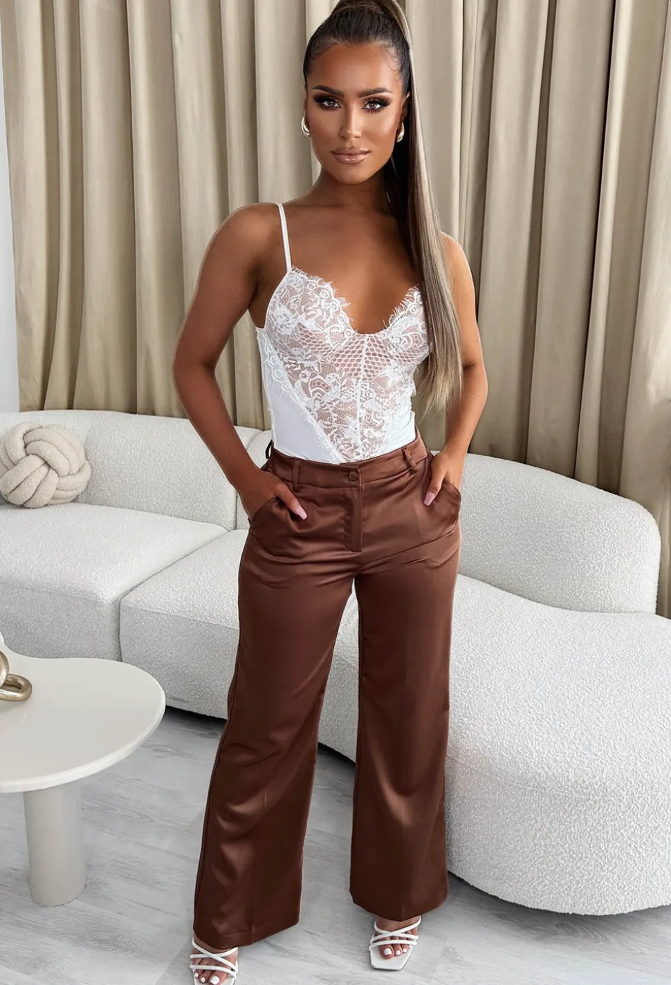 Effortless Energy Brown Satin Straight Leg Trousers