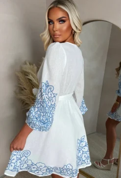 Elegance Unveiled Blue Embroidered Flower Wrap Front Dress