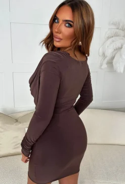 Emersyn Chocolate Brown Drape Cowl Mini Dress