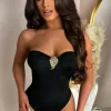 Enchant Me Black Gold Detail Bandeau Stretch Bodysuit