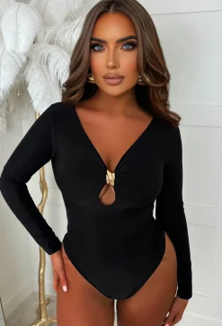 Entice Me Black Key Hole Gold Detail Stretch Bodysuit