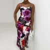Eternal Beauty Purple Printed Ruched Side Split Cami Midi Dress
