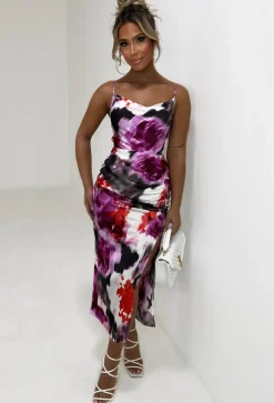 Eternal Beauty Purple Printed Ruched Side Split Cami Midi Dress