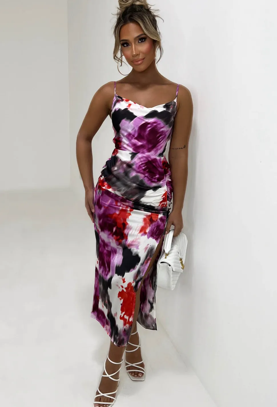 Eternal Beauty Purple Printed Ruched Side Split Cami Midi Dress
