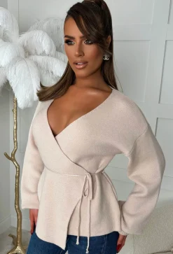 Ever Mine Beige Tie Waist Knitted Wrap Jumper