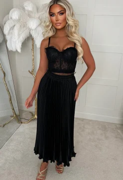 Everyday Goddess Black Satin Stretch Pleated Skirt