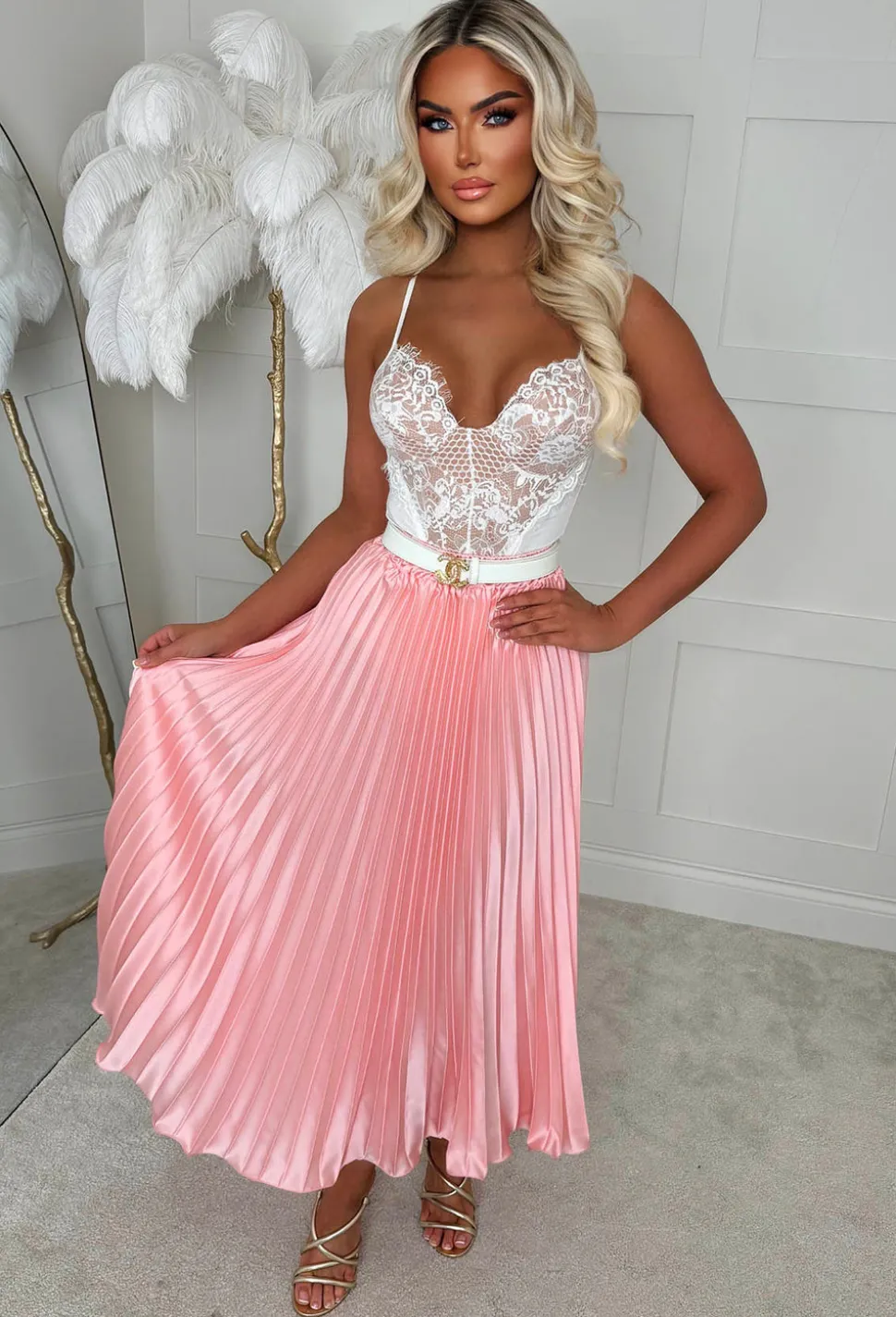 Everyday Goddess Pink Satin Stretch Pleated Skirt