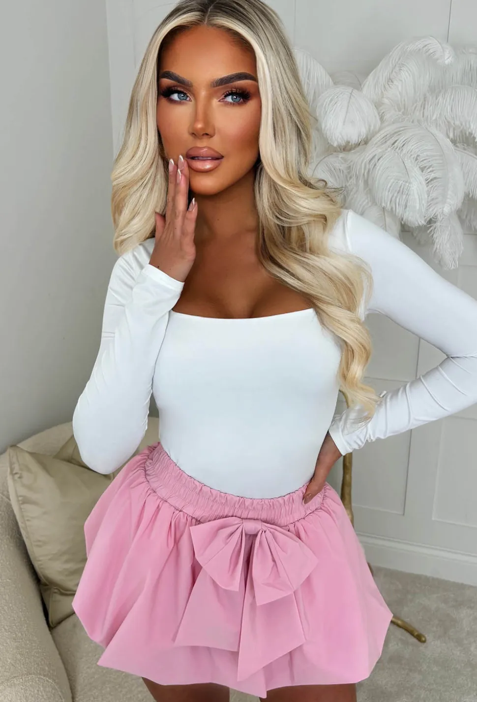 Fashionably Late Pink Puff Ball Bow Skort