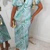 Feline Affair Green Knot Front Short Sleeve Leopard Print Satin Midi Dress