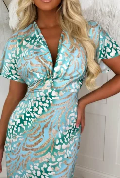 Feline Affair Green Knot Front Short Sleeve Leopard Print Satin Midi Dress