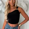 Femme Fling Black Gold Detail One Shoulder Ruched Stretch Top