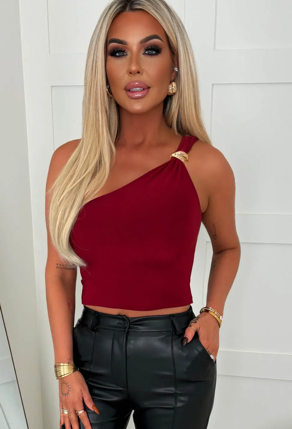 Femme Fling Burgundy Gold Detail One Shoulder Ruched Stretch Top