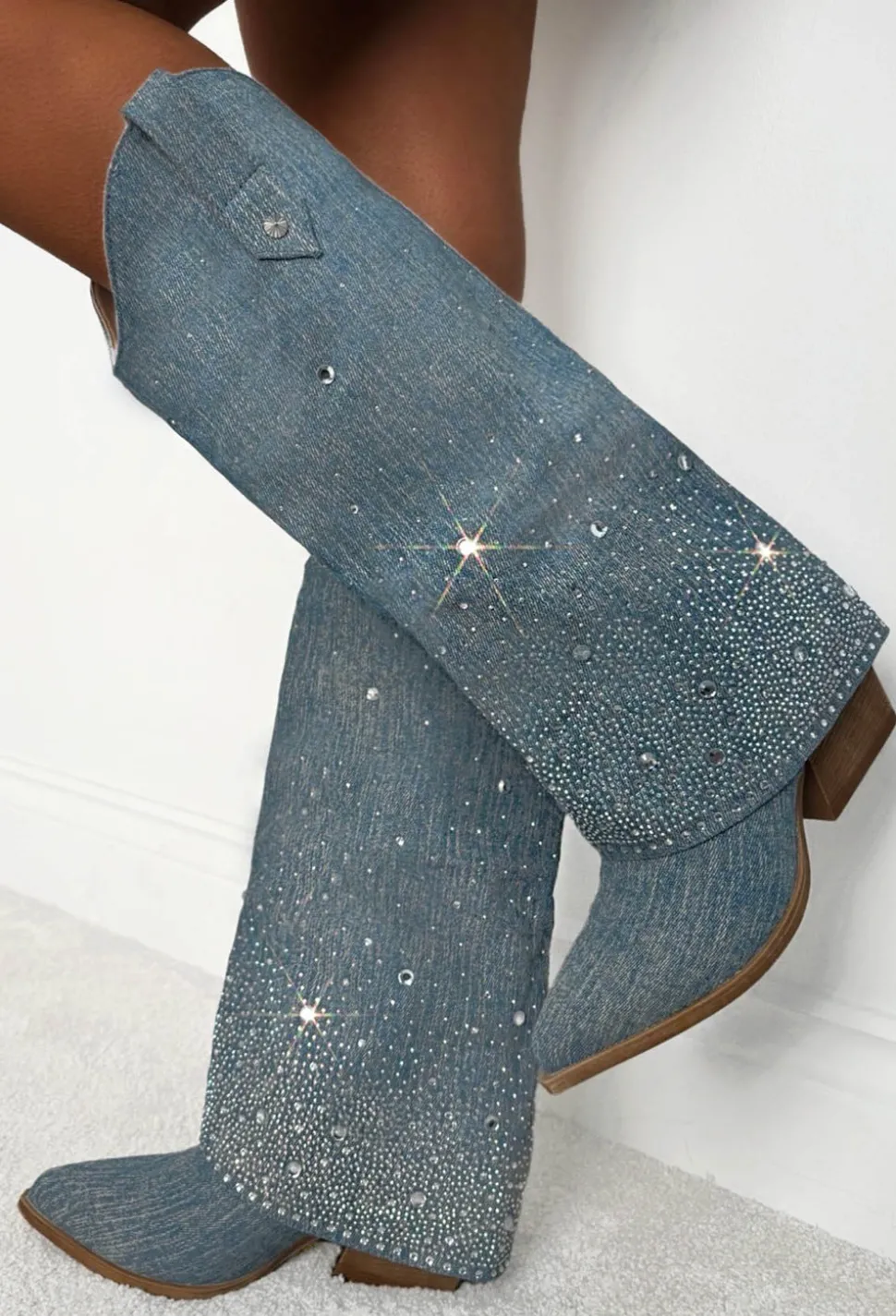 Festival Feelings Blue Embellished Denim Fold Over Boots