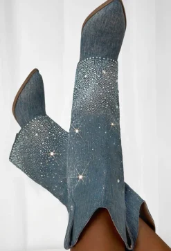 Festival Feelings Blue Embellished Denim Fold Over Boots