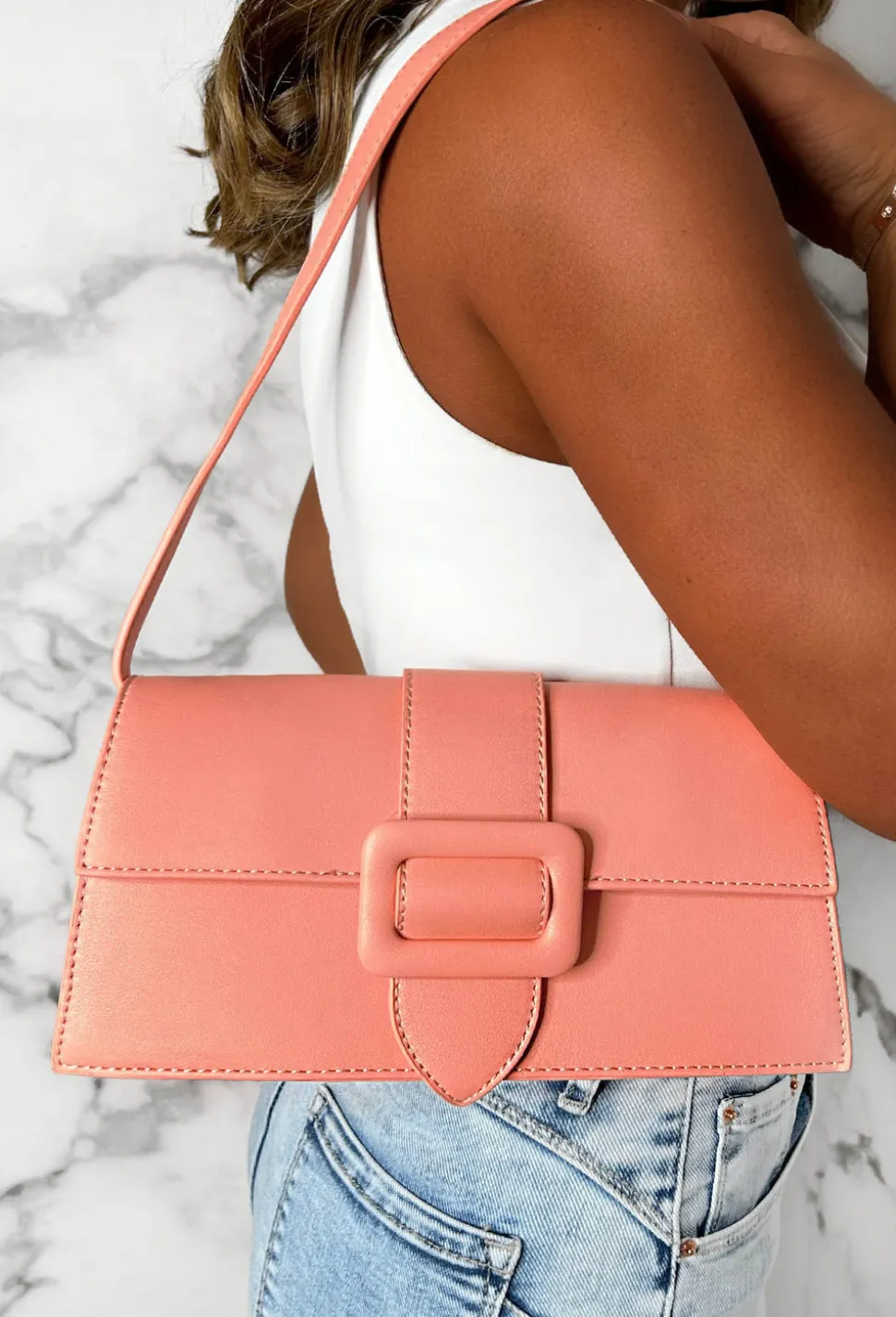 Flirty Babe Coral Top Handle Buckle Detail Bag